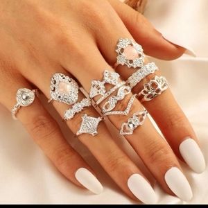 Silver Pink stone Chic Midi rings set of 12